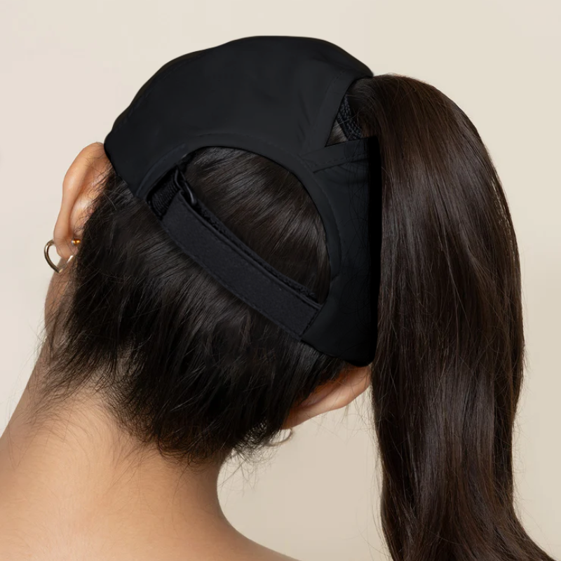 (APRIL) 6455WR-PT-BLK - Water Resistant Ponytail Cap Black Adjustable Fit